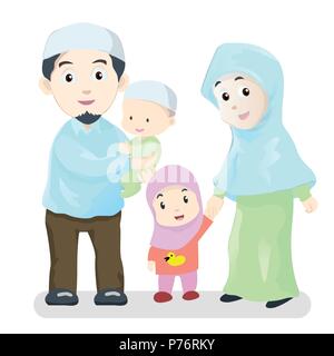 Happy Muslim Family, Vector cartoon muslim family characters set. muslim parents, father and mother holding infant baby boy, girl children. People in  Stock Vector