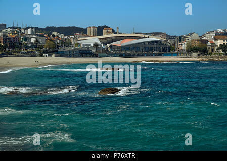 Riazor beach and sports palace in La/A Coruña, Galicia, Spain, Europe Stock Photo