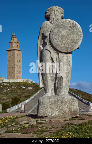 Statue of Breogan and Torre Hercules in A Coruna, Galicia, Spain, Europe Stock Photo