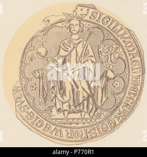English: Seal (front) of King Magnus VII of Norway/Magnus IV of Sweden, based on 22 documents, dated 1321–67. Text: ' : SIGILLVm  MAGNI  DEI : GRaciA : REGIS  NORWEGIE : SVEWORVM : ET : GOTORvm ILLVSTriS :'. Size: 92 mm. 4 August 2012 2 Kong Magnus Eriksson PI XV 1 Stock Photo