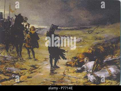 English: Painting by Julian Russel Story of the Black Prince at the battle of Crecy. At his feet lies the body of the dead King John of Bohemia. Note: This is a scan of a magnet and does not reflect the true colors of the painting. . 1888 3 The Black Prince of Crecy Stock Photo