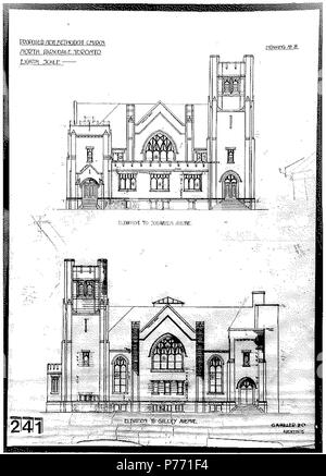 English: Architect/Firm: G. M. Miller & Co. (George Martell Miller, died at Toronto 17 April, 1933).  Date: 1908 Title of Plan: Proposed New Methodist Church. Client: North Parkdale Methodist Church. Location: Toronto - North Parkdale, cor. Sorauren and Galley Ave. Building Type: Religious - Houses of Worship - Methodist. Type of Plan: Elevation to Sorauren Ave.; Elevation to Galley Ave. Scale: 1/8' - 1'0' Size: 65.5 x 54 cm. Additional Notes: 'Drawing No. 8'.   . 1908 2 Proposed New Methodist Church (plan 241) - 1908 - G.M. Miller &amp; Co. Stock Photo