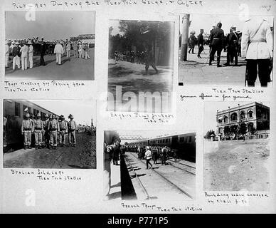 . English: 7.03 Scenes during and after the Tientsin siege, 1900 . English: Caption on album page: Pictures during the Tien Tsin Seige, and after; Troops starting for Peking from Tien Tsin station; English Blue Jackets, Tien Tsin; Tien Tsin station, German officers in fore ground; Italian soldiers, Tien Tsin station; French troops, Tien Tsin station; Building badly damaged by shell fire . PH Coll 241.B3a-f Subjects (LCTGM): War damage--China--Tianjin; Soldiers--Allied--China--Tianjin; Railroad stations--China--Tianjin Subjects (LCSH): Tianjin (China)--History--Siege, 1900; China--History--Boxe Stock Photo