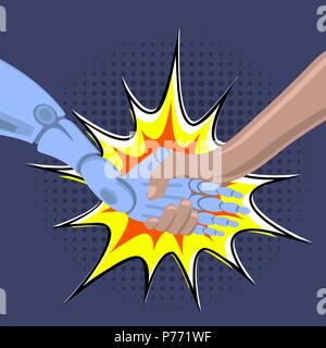 Robot Arm Shaking. Male Robot and Human Holding Hands with Handshake. Artificial Intelligence Technology Stock Vector