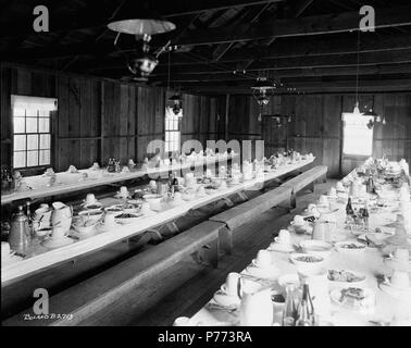 . Mess Hall. English: Interior of the wood frame mess hall at the Linco Log and Lumber Company in Lindberg, Washington. The long picnic style tables are set for a meal. Serving dishes are filled with food. Wooden benches are used for seating. 3 March 1920 7 Linco Log and Lumber Company Mess Hall Stock Photo