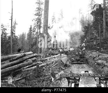 . English: Logging crew, donkey engine, and logging railroad flatbed moving car and tracks, Camp 5, English Lumber Company, ca. 1917 . English: Caption on image: Camp 5, English Lumber Co., Mt. Vernon, Wash. Kinsey Photo. No. 8 PH Coll 516.1143 The English Lumber Company began as the Clothier and English Lumber Company, operating at Barney Lake on the Nookachamps and at Samish in 1882. Ed English bought out Harrison Clothier's interest in the company and by 1894, he was operating English and McCaffery Logging Company with Thomas McCaffery and E.C. Million. English had logging operations all ov Stock Photo