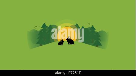 Vector illustration of a beautiful Spring landscape with sunrise and rabbits. Vector nature landscape background. Cute simple cartoon style Stock Vector