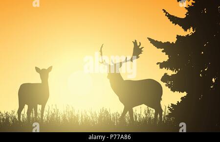 Deer and hind in a meadow with a tree, with the rising sun behind the background - vector Stock Vector