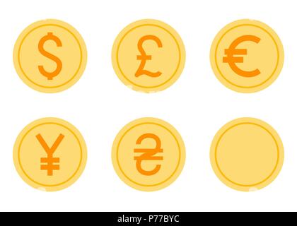 Coins Vector Icons Set. Flat Vector Illustration - Dollar, Euro, Pound, Yen, Hryvna Stock Vector
