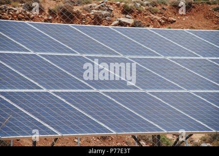 The solar power station on the Greek island of Tilos on June 20, 2018. The island aims to become self sufficient in power through renewable energy. Stock Photo