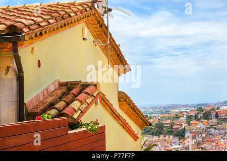 Architecture of Spanish beach resort Blanes in summertime. Sunny panorama from height of mountain of castle San Juan. Costa Brava, Catalonia, Spain Stock Photo