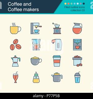 Coffee and Coffee makers icons. Filled outline design collection 3. For presentation, graphic design, mobile application, web design, infographics. Ve Stock Vector