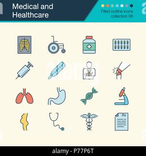 Medical and Healthcare icons. Filled outline design collection 8. For presentation, graphic design, mobile application, web design, infographics. Vect Stock Vector