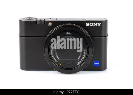 Advanced compact camera Sony DSC-RX100 M5 isolated on white. One of the best high-end compact cameras. Stock Photo