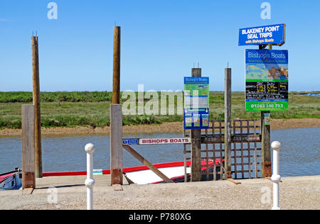 A boarding point for Blakeney Point Seal Trips on the North Norfolk coast at Blakeney, Norfolk, England, United Kingdom, Europe. Stock Photo