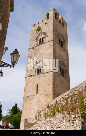 Italy Sicily medieval walled town Erice on Monte San Giuliana La Real Chiesa Madrice Insigne Collegiata Mother Church Chiesa Madre built 1314 by Stock Photo