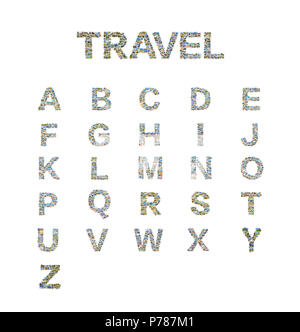 Alphabet made of letters formed by travel postcards Stock Photo