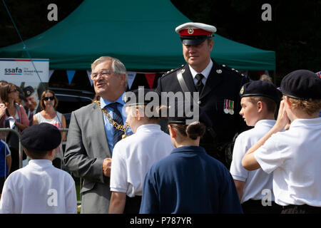 Mayor of Hastings, cllr Nigel Sinden (left), talking at an event for armed forces day, hastings, east sussex, uk Stock Photo