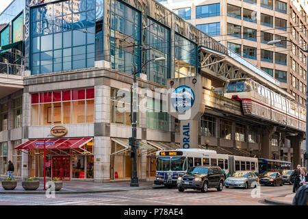 Seattle Center Monorail is an elevated monorail line built for the 1962 World's Fair, Seattle, Washington Stock Photo