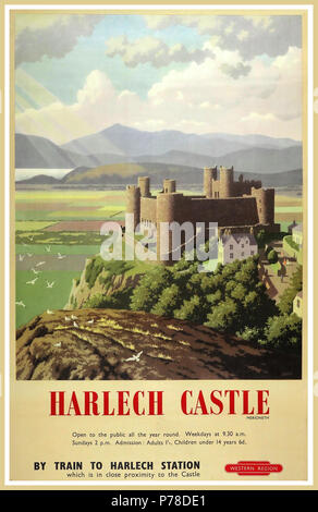 Vintage 1930's British Rail Poster HARLECH CASTLE British Railways Western Region travel poster Harlech Castle Gwynedd, Wales. 1948-1965. Art  Ronald Lampitt. Printed by The British Colour Printing Co. Ltd. Stock Photo