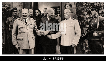 POTSDAM Vintage Post-War WW2 1940’s Big Three shaking hands at Potzdam Conference Prime Minister Churchill, President Roosevelt and Premier Stalin 1945 Potsdam, Germany Stock Photo