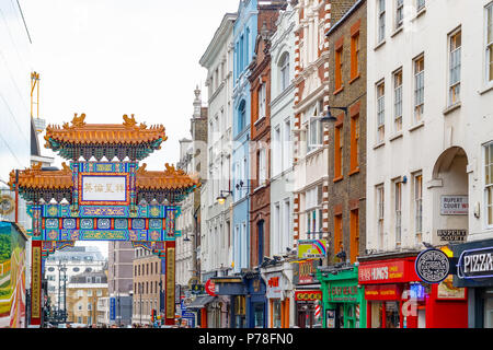 London, UK - June 22, 2018 - London Chinatown features Chinese restaurants, bakeries and souvenir shops in Soho area