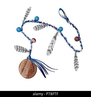 Round pendant made of clay on rope with feathers isolated on white background. The symbol of the religion of witches, Pentagram Wicca. The attributes of the holiday of evil spirit Halloween. Vector. Stock Vector