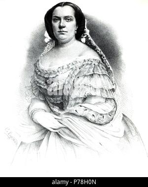 Isabel II de Borbón (1830-1904) de joven, reina de España de 1833 a 1868, hija de Fernando VII y Mª Cristina de Borbón, grabado de 1845. Stock Photo