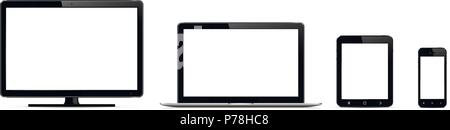 Set of digital devices. Monitor, laptop, tablet and smart phone isolated on white. Vector illustration. Stock Vector