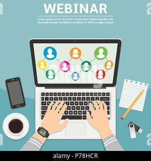 Webinar flat design concept illustration of human hands typing on the laptop to unit various people on the webinar. Vector illustration. Stock Vector