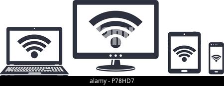 Modern computer display, laptop, tablet and smart phone icons with wifi internet connection symbol. Vector illustration. Stock Vector