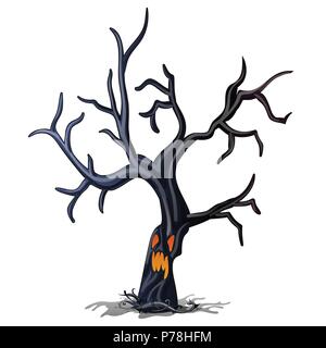 Dark wood with glowing eyes and toothy mouth isolated white background. Sketch for greeting card, festive poster or party invitations. The attributes of the holiday of evil spirit Halloween. Vector. Stock Vector