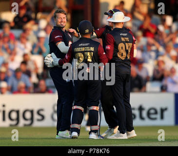 Northamptonshire's Josh Cobb celebrates taking the wicket of Leicestershire's Mark Cosgrove during the Vitality Blast, north group match at the County Cricket Ground, Northampton. Stock Photo