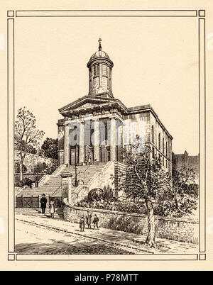 English: Plate etching of St George's Church, Brandon Hill, Bristol, UK, published before 1958. Viewed from the south, the image shows the church as it looked before the modern landscaping of it's grounds. In the foreground is a street scene with five people ascending the steps to the church. 1 January 1958 1 St George's Church, Brandon Hill, Bristol, BRO Picbox-4-BCh-19, 1250x1250 Stock Photo