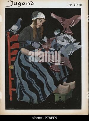 Portada de la revista alemana Jugend. Mujer dando comida a las palomas. Año 1915. Stock Photo
