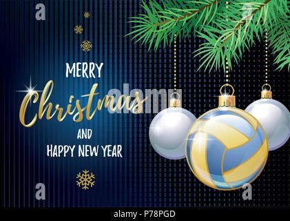 Merry Christmas and Happy New Year. Sports greeting card. Beach Volleyball ball as a Christmas ball. Vector illustration. Stock Vector