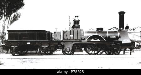 Réplica fiel de la Locomotora 'Mataró ', en el Centenario de primer viaje en ferrocarril de Barcelona a Mataró 1848-1948, fabricada en los talleres de La Maquinista Terrestre y Maritima. Stock Photo