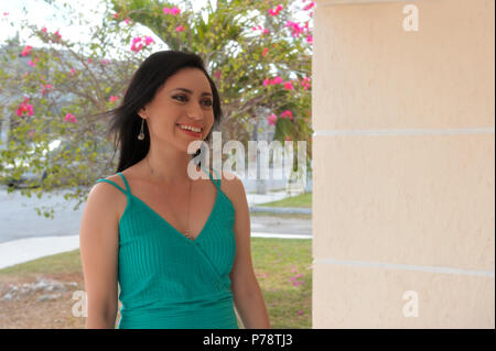 Young bride arriving at her civil marriage ceremony, looking at her next to be husband. Stock Photo