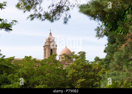 Italy Sicily medieval walled town Erice on Monte San Giuliana cult Venus Erycina dome bell tower view Chiesa di S Giuliano St Saint Church Stock Photo