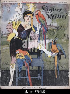 Portada de la revista alemana Lustige Blätter dedicada a las 'varietés'. Vedette con papagayos. Año 1914. Stock Photo