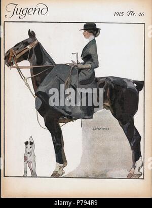 Portada de la revista alemana Jugend. Amazona a caballo. Año 1915. Stock Photo