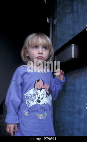 girl blonde sad crying little alamy toddler years two old suspiciously standing door looking open