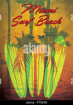 Vector illustration on the theme of surf and surf club miami Grunge background. Vintage design. Typography; t-shirt graphics; print; poster; banner; f Stock Vector