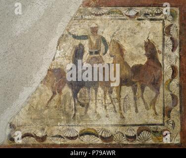 Auriga winner on quadriga (chariot of four-horse). Roman painting. Domus. 4th C. Merida (Augusta Emerita). National Museum of Roman art. Merida. Spain. Stock Photo