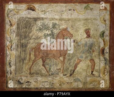 Taming horse. Roman painting. Domus. 4th C. From Merida(Augusta Emerita). National Museum of Roman art. Merida. Spain. Stock Photo