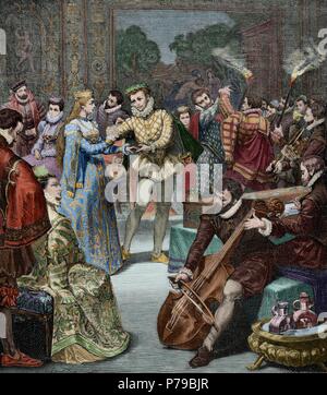 Leopold I (1640-1705). Holy Roman Emperor. Bridal Party of Leopold I and Margaret Theresa of Spain. Engraving by H. Kaefeberg in Germania, 1882. Colored. Stock Photo