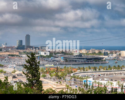 Barcelona, Spain - July 30, 2017: View of the Barcelona harbor from the Montjuich mountain Stock Photo