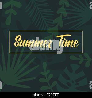 Summer time lettering text on palm tropical leaves Stock Vector