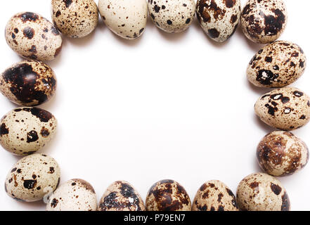 square frame of quail eggs on a white background. View from above, flat Stock Photo