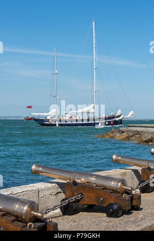 the ocean youth trust sail training vessel ship prolific entering cowes harbour on the isle of wight. Stock Photo